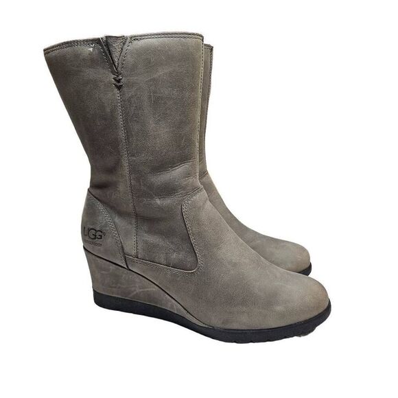 UGG Joely Wedge Boot 1012528 Gray Leather Zip Waterproof Lined Boots Size 7 - Picture 3 of 12